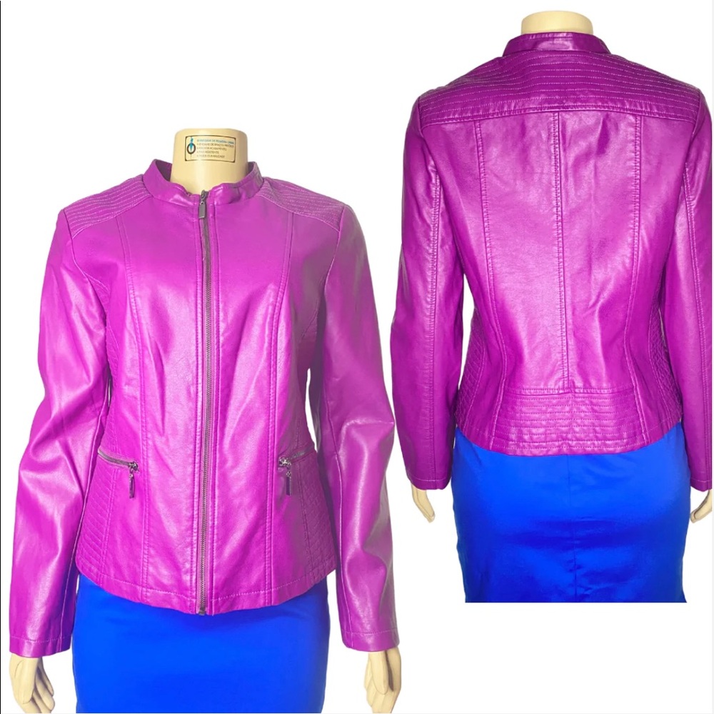 Alfani Fuchsia Leather Zip-Front Jacket - Picture 2 of 3